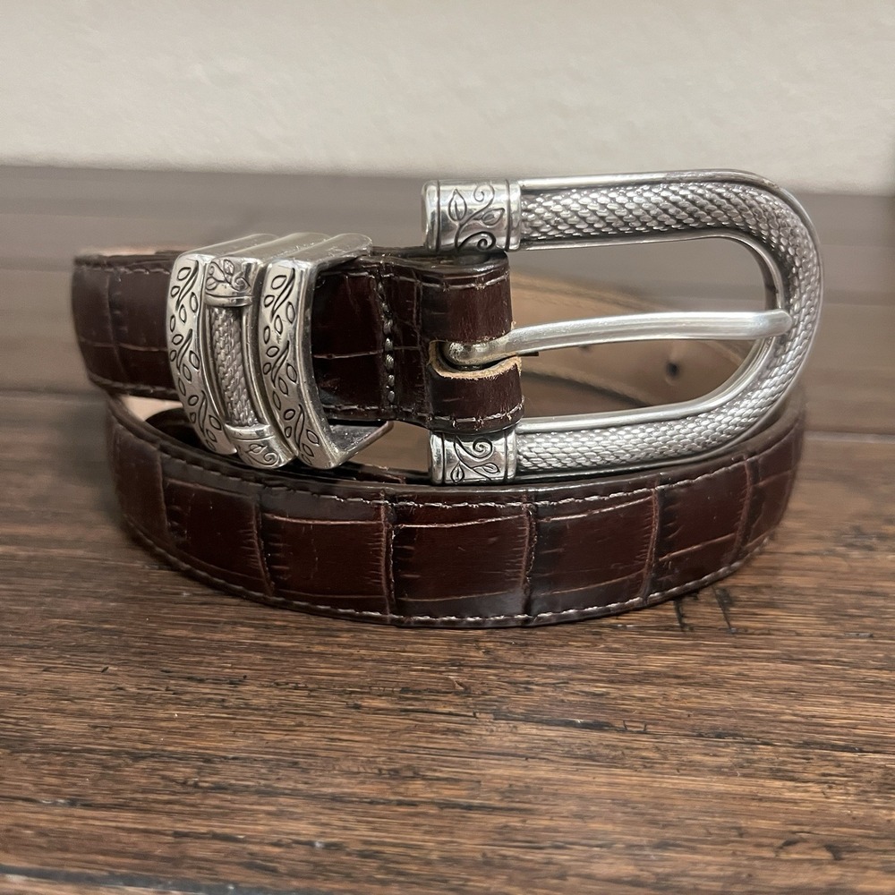 Vtg Brighton C3708 Croc Embossed Leather Belt Size 28 S Western Silver Brown